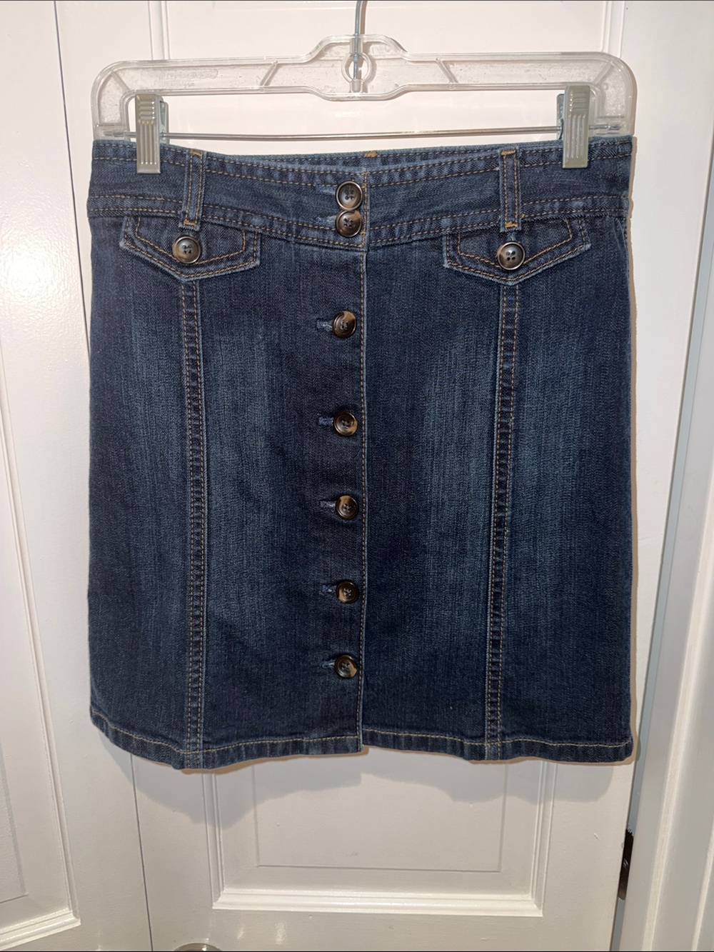 Ann Taylor Petites Dark Wash Button-Front Denim Mini Skirt